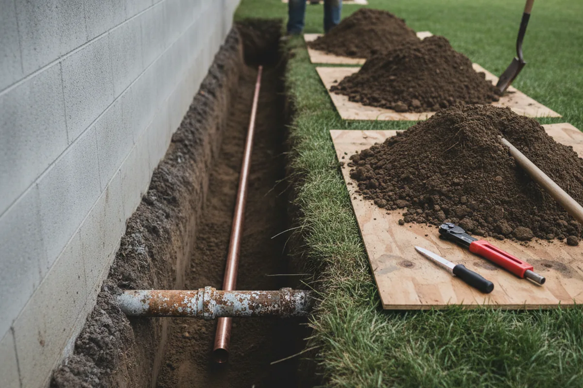 Excavated water line trench during Water Heater Repair in Hempstead